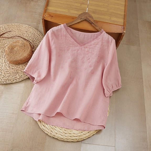 WCJM Carnival Blouses for Women Dressy Tight Shirts for Women Linen Shirts for Women 3/4 Sleeve V Neck Blouses Buttons Plus Size Loose Fit T-Shirts Solid Color Summer Holiday Tops