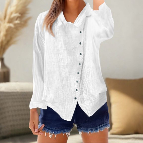 WCJM Casual Blouses for Women Womens Button Down Shirts Long Sleeve Cotton Gauze Tops Casual Collared Blouses Loose Fit Dry Fit Shirts for Women