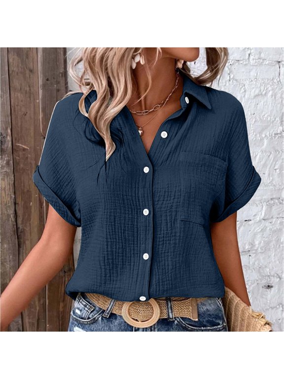 Fashion Tops Women's Casual Solid Color Double Layer Crinkle Bubble Crepe Blouse Batwing Sleeve Button Down With Pockets Women Blank Shirt
