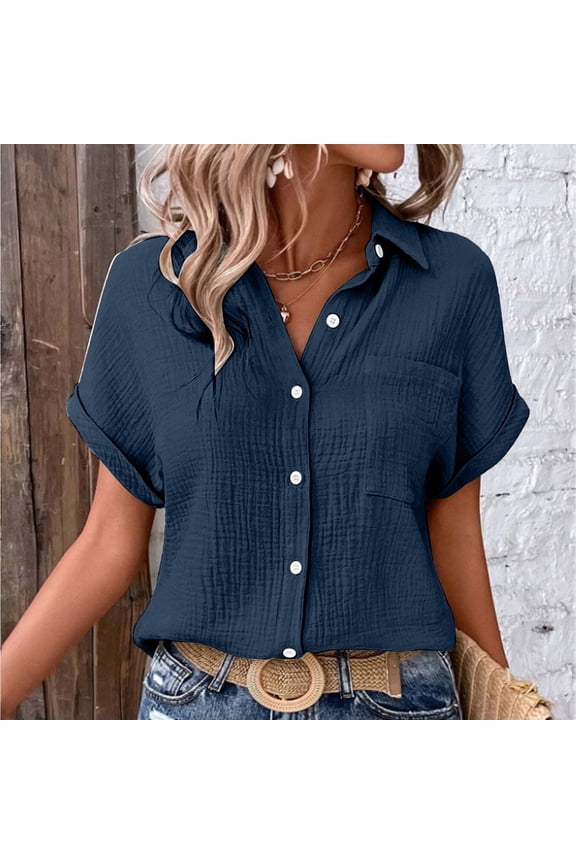 Fashion Tops Women's Casual Solid Color Double Layer Crinkle Bubble Crepe Blouse Batwing Sleeve Button Down With Pockets Women Blank Shirt