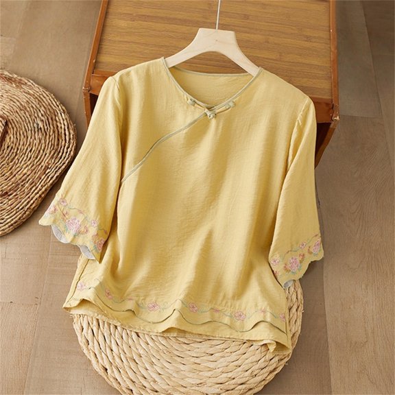 WCJM Shirts for Women Linen Tops for Women 2026 Trendy Summer Short Sleeve Cotton Shirts Loose Causal Button V Neck Blouses Clothes Blouses for Women Business Casual