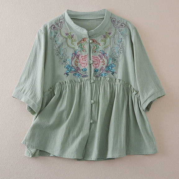 WCJM Shirts for Women Linen Tops for Women 2026 Trendy Summer Short Sleeve Cotton Shirts Loose Causal Button V Neck Blouses Clothes Fitted Blouses for Women