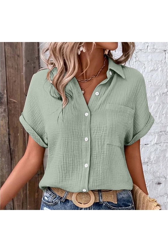 Short Sleeve Polyester Shirts For Women Women's Casual Solid Color Double Layer Crinkle Bubble Crepe Blouse Batwing Sleeve Button Down With Pockets Plain T Shirt Women