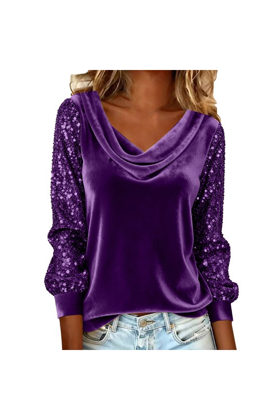 Streetwear Pullover Sweater Purple Women Suede Surface Shirts Polyester,Spandex Women's Sequin Tops Long Sleeve Glitter Sparkly Blouse Velvet Tops for Evening