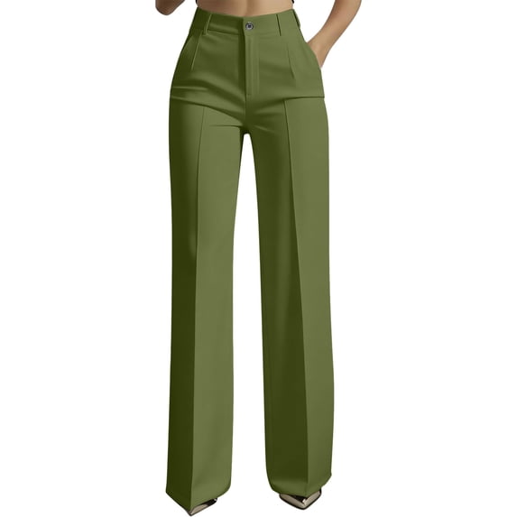acuever Suit Trousers Women's High Waist Trousers Wide Leg Fabric Elegant Straight Leg Business Outfit Chic Pleated Trousers Long Vacation Women's Casual Pants Green Supportive Waistband(L)