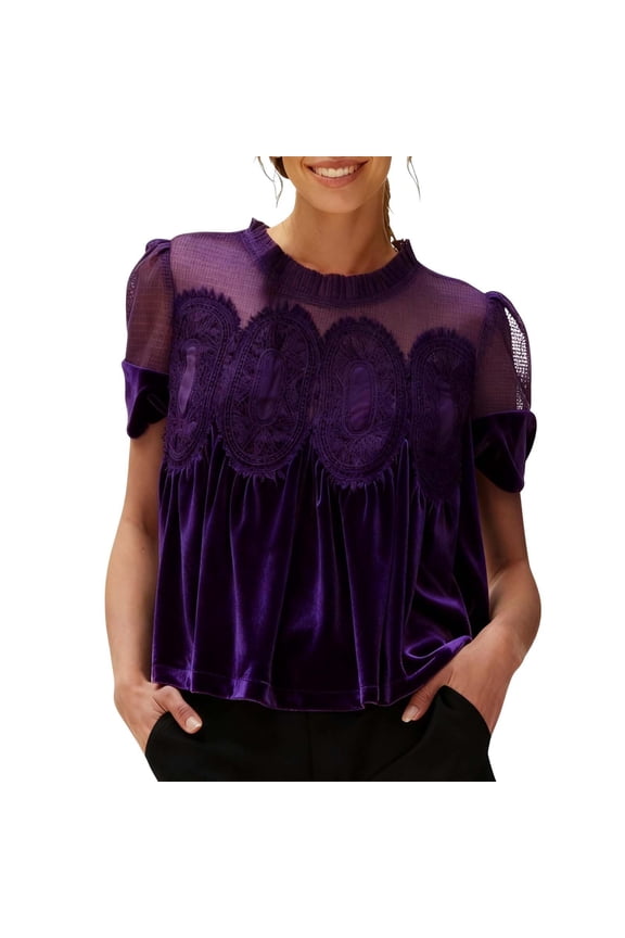 Velvet Blouses for Women Saree Women's Short Sleeve Velvet Lace Blouse Elegant Flared Swing Tops Round Neck Blouse Casual Wear Short Sleeve T-Shirts for Women