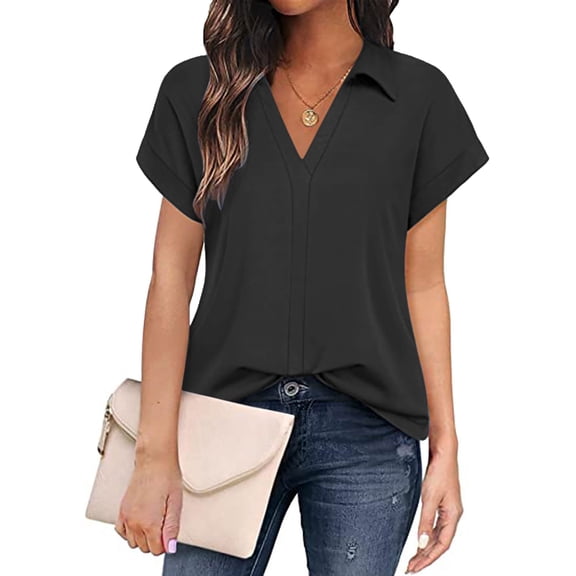 WCJM Women Shirts Black Solid Color Business Casual Short Sleeve Shirt For Women Women's Polyester Shirt