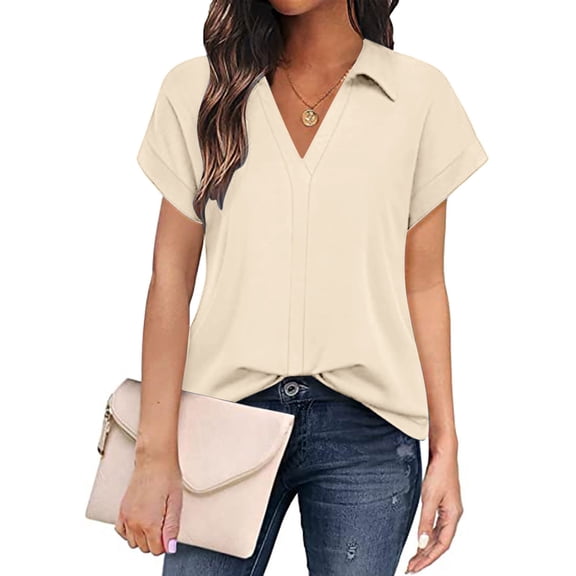 WCJM Women Shirts Women's Solid Color Short Sleeve Business Casual Work Shirt Women's Polyester Shirt