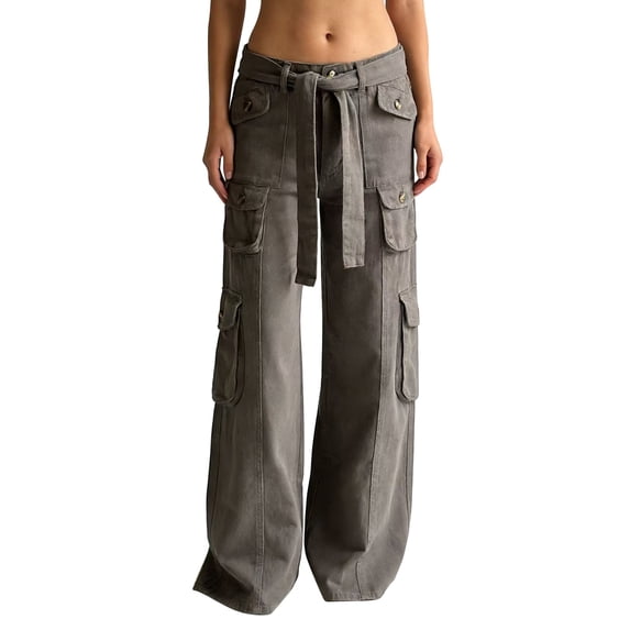 acuever Women's Belted Cargo Wide Leg Pants - High Waisted Multi-Pocket Loose Fit Casual Trousers Women's Jeans