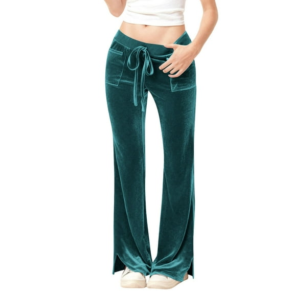 acuever Women's Comfort Velvet Flare Pants - High Waisted Drawstring Wide Leg Trousers with Pockets Women's Casual Pants