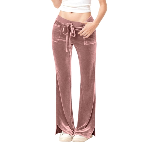acuever Women's Comfort Velvet Flare Pants - High Waisted Drawstring Wide Leg Trousers with Pockets Women's Casual Pants