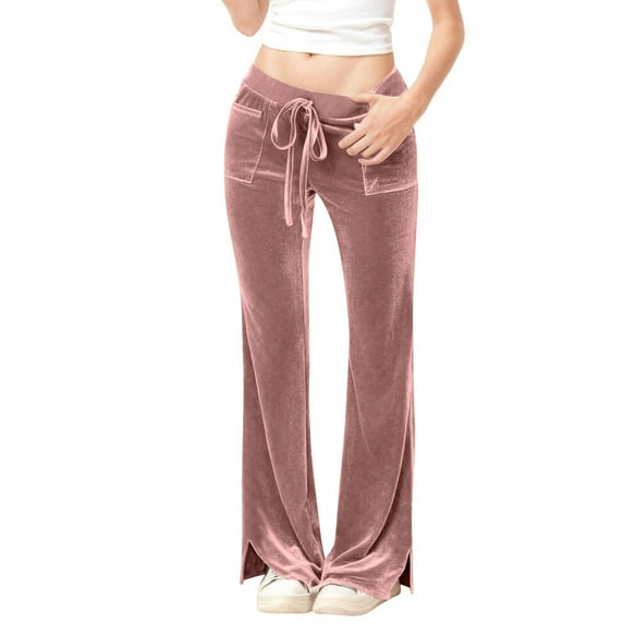 acuever Women's Comfort Velvet Flare Pants - High Waisted Drawstring Wide Leg Trousers with Pockets Women's Casual Pants