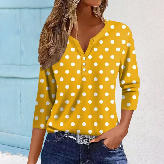acuever Women's Hoodless Sweatshirt Yellow Polka Dot Print Women's Casual Fashion 3-Button 3/4 Sleeve Top Women Blending Sweatshirt