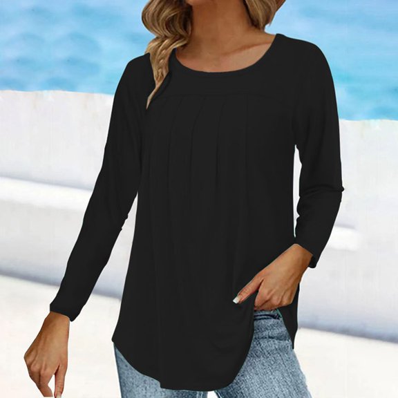 WCJM Women's Long Sleeve T-Shirt Black Solid Color Vertical Ruched Crew Neck Women's Fall Casual Long Sleeve Base Top Women Blending Shirts