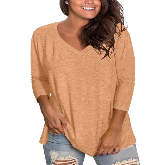 WCJM Women's Long Sleeve T-Shirt Orange Plus Size Fashion Solid Color 3/4 Sleeve V-Neck Casual Top Women Blending Shirts