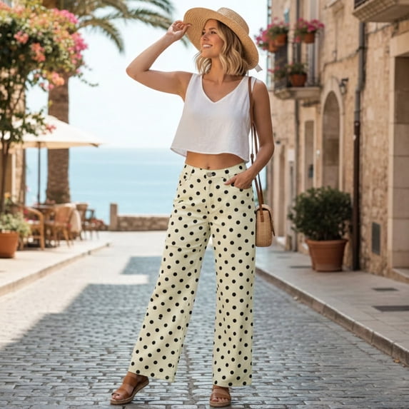 acuever Women's Loose Fit Polka Dot Wide Leg Pants - High Waisted Casual All-Match Trousers Women's Jeans