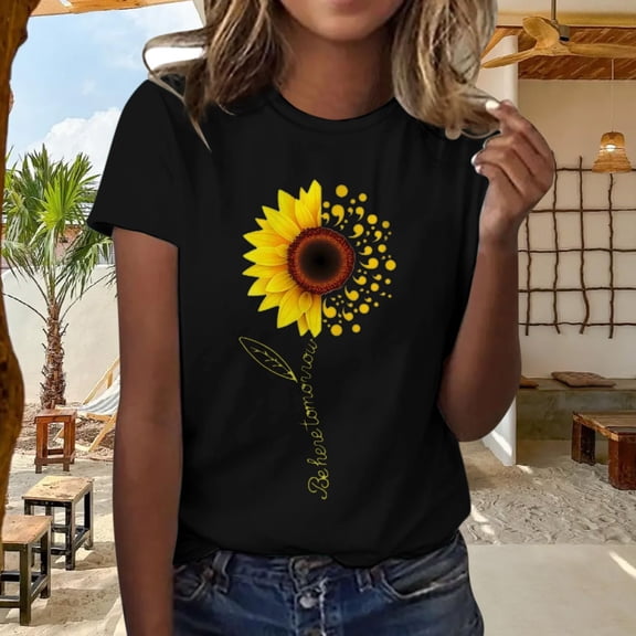 WCJM Women's Short Sleeve T-Shirt Black Summer Women's Loose Fit T-Shirt Sunflower Print Crew Neck Casual Short Sleeve Women Spandex Shirts