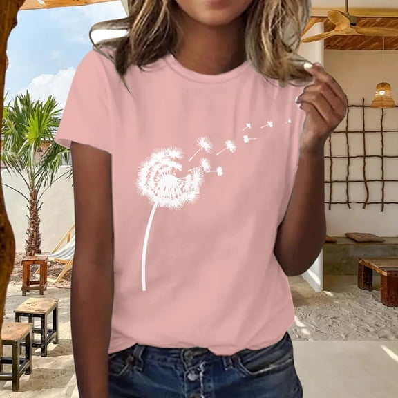 WCJM Women's Short Sleeve T-Shirt Pink Summer Short Sleeve Loose Casual T-Shirt Women's Dandelion Print Crew Neck Tee Women Spandex Shirts