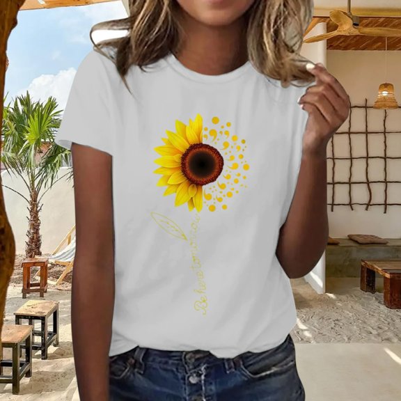 WCJM Women's Short Sleeve T-Shirt White Summer Women's Loose Fit T-Shirt Sunflower Print Crew Neck Casual Short Sleeve Women Spandex Shirts