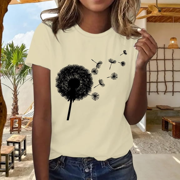 WCJM Women's Short Sleeve T-Shirt Women's Summer Dandelion Print Loose Casual Crew Neck Short Sleeve Everyday Tee Women Spandex Shirts