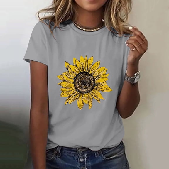 WCJM Women's Short Sleeve T-Shirt Women's Sunflower Floral Print Short Sleeve Crew Neck T-Shirt Lightweight Soft Casual Summer Top Women's Chiffon T-Shirt