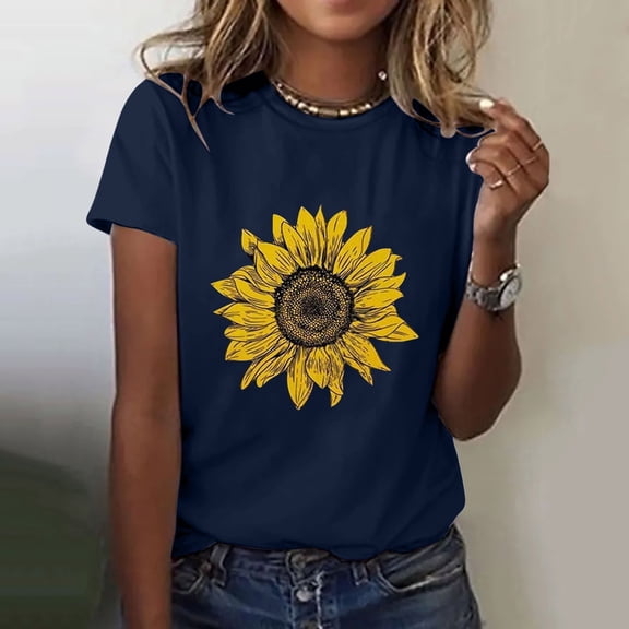 WCJM Women's Short Sleeve T-Shirt Women's Sunflower Floral Print Short Sleeve Crew Neck T-Shirt Lightweight Soft Casual Summer Top Women's Chiffon T-Shirt