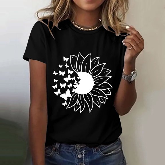 WCJM Women's Short Sleeve T-Shirt Womens Dandelion T Shirts Sunflower Graphic Casual Short Sleeve Tops Women Blending Shirts