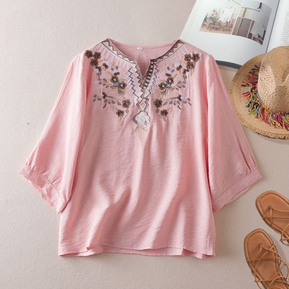 WCJM formal Blouses for Women Night Shirts for Women Sleepwear Linen Shirts for Women 3/4 Sleeve V Neck Blouses Buttons Plus Size Loose Fit T-Shirts Solid Color Summer Holiday Tops