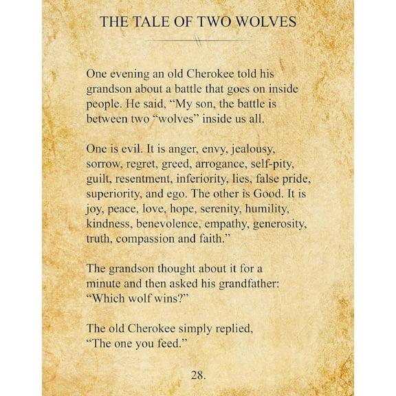 The Tale of Two Wolves - Inspirational Native American Spiritual Wall Art Print - Vintage Wall Decor for Home, Office, Library, Classroom, and Living Room POSTER
