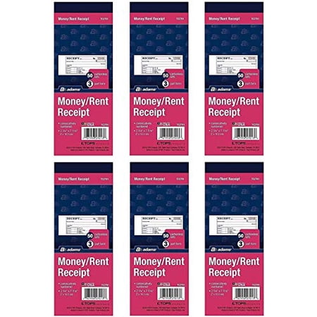 Adams Money/Rent Receipt Book, Carbonless, 3-Part, 2-3/4 x 7-3/16 Inches, 50 Sets per Book, Pack Of 6