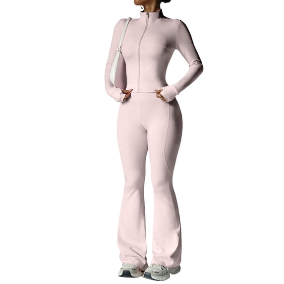 adaychics 2 Piece Workout Sets for Womens Long Sleeve Bodycon Zipper Jacket and Flared Leggings Set for Workout