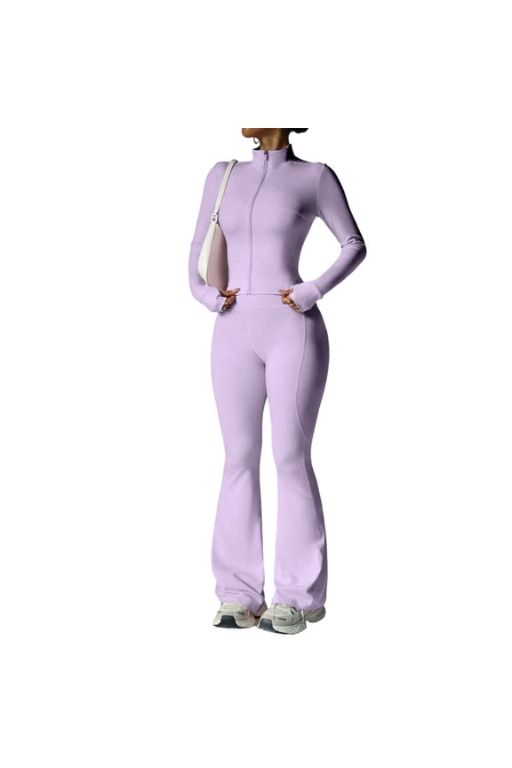 2 Piece Workout Sets for Womens Long Sleeve Full Zip Jacket and High Waisted Flared Gym Leggings Set for Workout