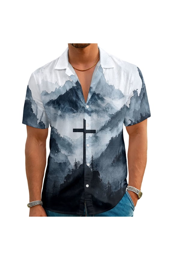 Christian Button Down Shirts for Men Jesus Lapel Short Sleeve Religious Beach Shirts Trendy Tops for Travel