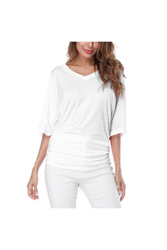 Dolman Short Sleeve Tops for Women V Neck Summer Ruched Shirts Short Sleeve Batwing Top for Daily Wear Yoga Travel
