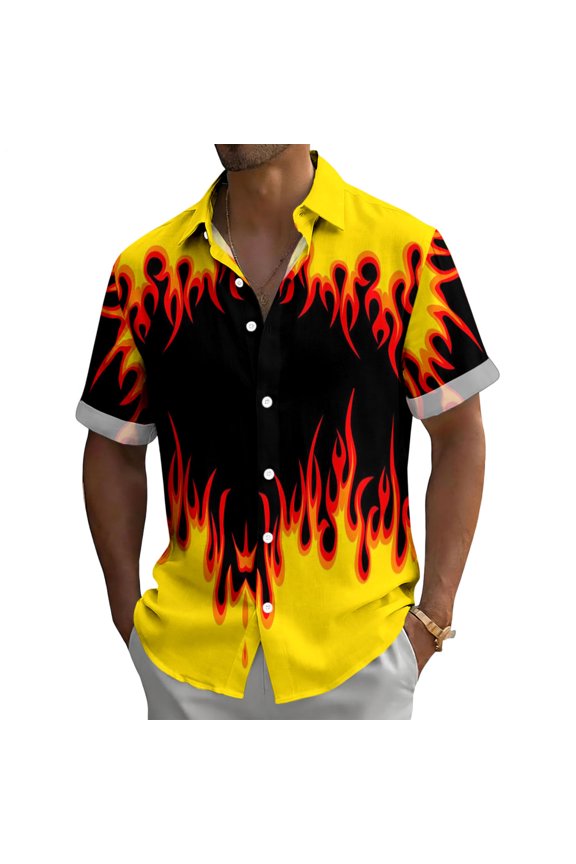 Flame Button Up Shirt Short Sleeve Retro Flame Shirt Fashion Button Down Tops for Travel Vacation