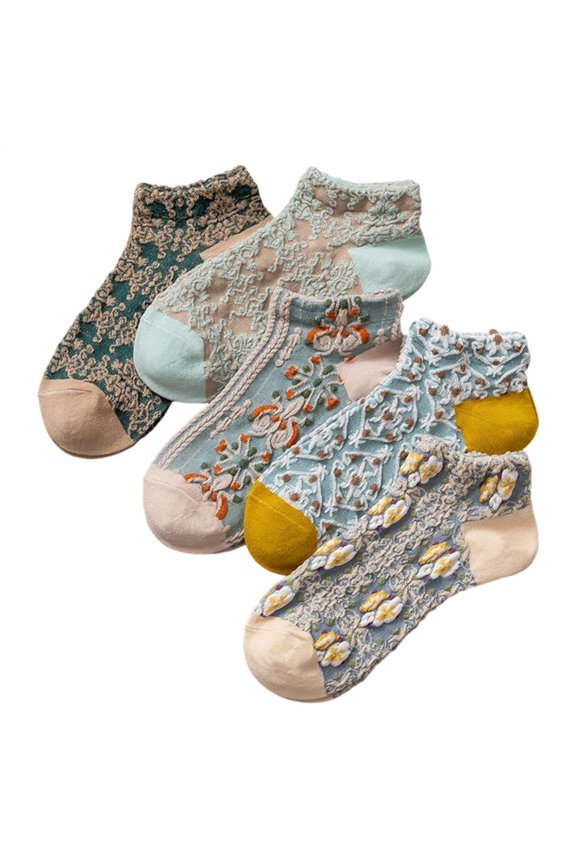 Flower Socks for Women 5 Pairs Cute Ankle Socks Vintage Fashion Patterned Floral Stockings for Wife Girlfriend