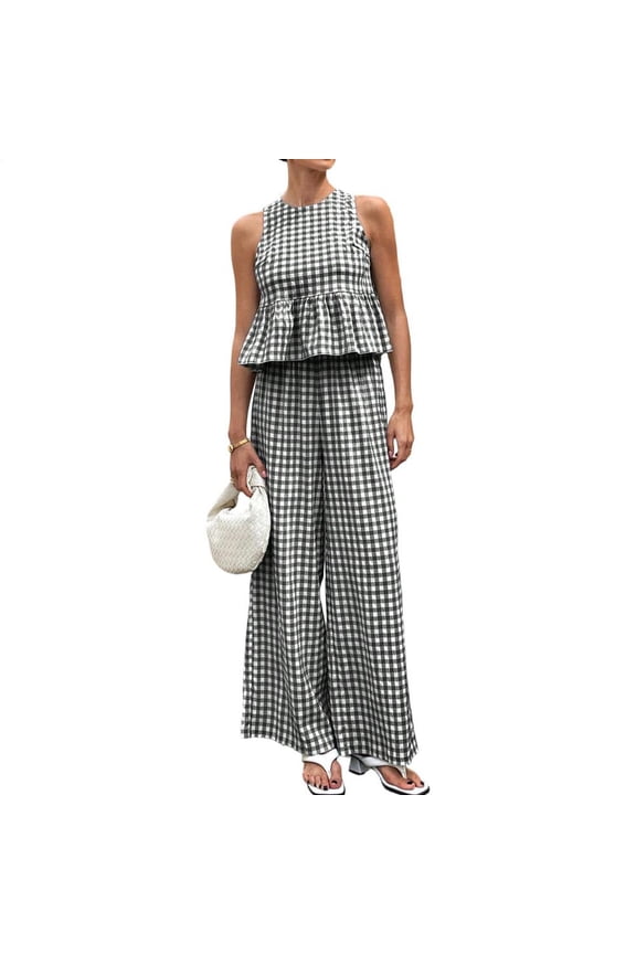 Gingham Two Piece Set Women Ruffle Summer Peplum Plaid Tank Tops and Wide Leg Pants Matching Lounge Sets for Daily Wear Beach