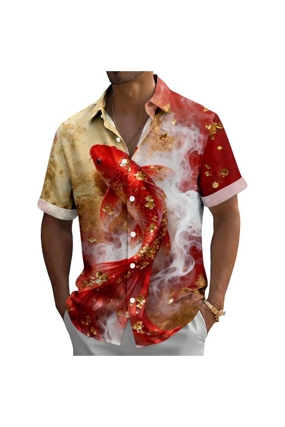 Hawaiian Shirt for Men Koi Fish Dragon Tiger Summer Chinese Style Short Sleeve Button Up Shirts for Beach