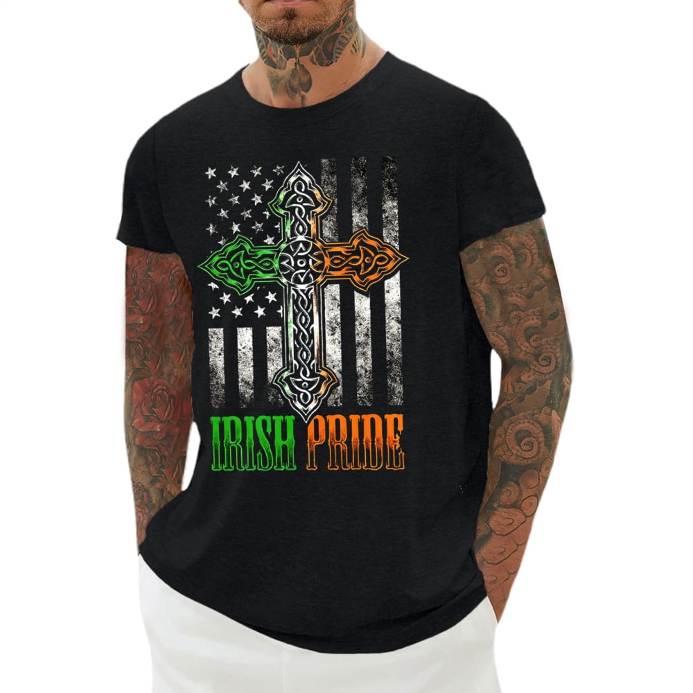 adaychics Irish Tee Shirts for Men American Flag Cross Short Sleeve ...