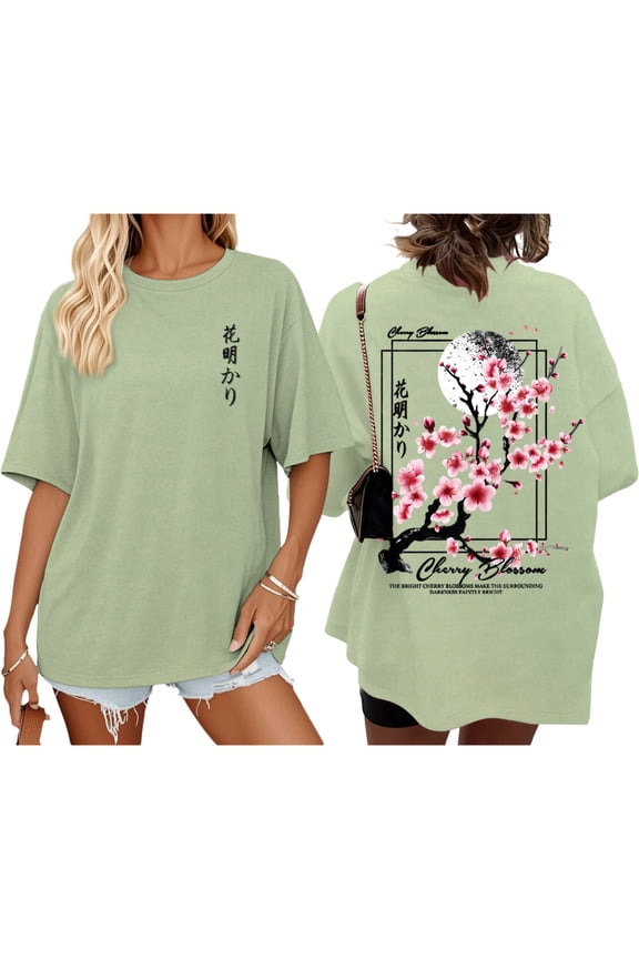 Japanese Art T Shirts for Women Flower Crew Neck Summer Printed Tees Cotton Casual Tops Daily Wear