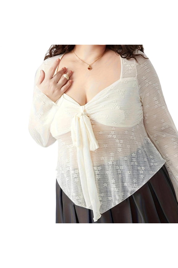 Lace Mesh Long Sleeve Top Sweetheart Neck Sexy Sheer Mesh Crop Top Peplum Knotted Shirts for Party