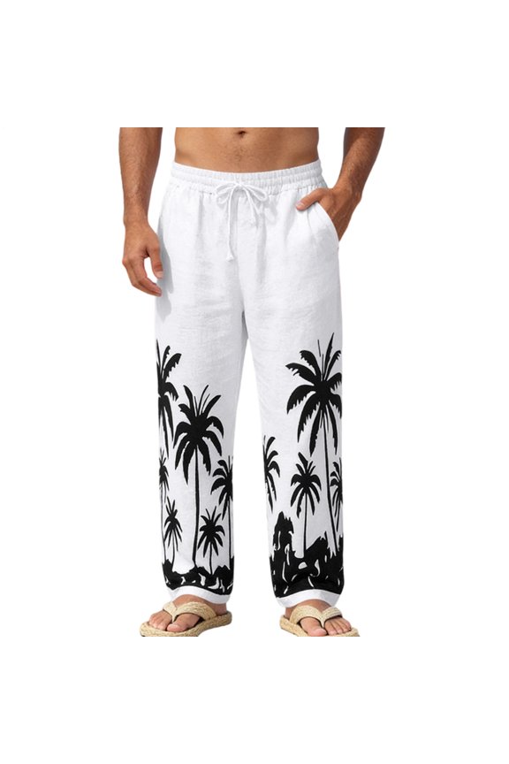 Linen Pants for Men Straight Leg Palm Tree Loose Fit Drawstring Elastic Waist Trendy Outdoor Trousers for Walking