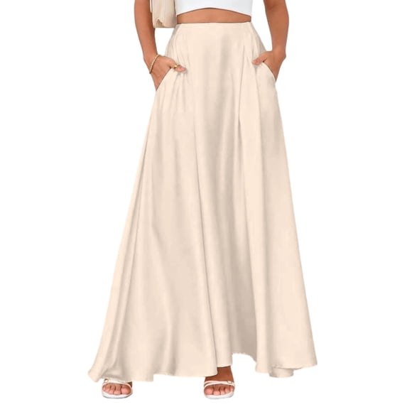 adaychics Long Satin Skirt High Waisted Flowy Long A Line Pocketed Satin Skirt Trendy Vacation Outfits for Work Party