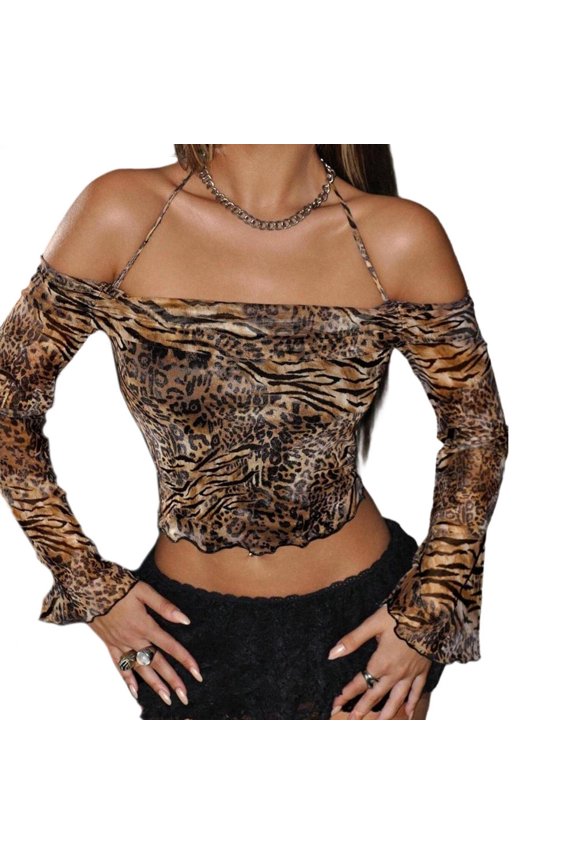 Long Sleeve Halter Top Leopard Print Animal Print Crop Blouse Halter Off Shoulder Top for Dating