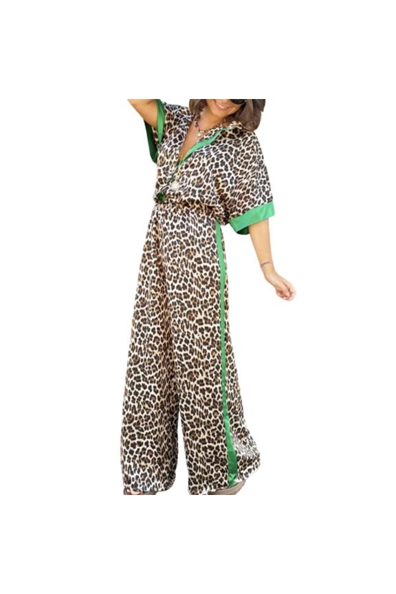 Lounge Set Women 2 Piece Leopard Print Loose Shirt and Wide Leg Trousers Sets Streetwear