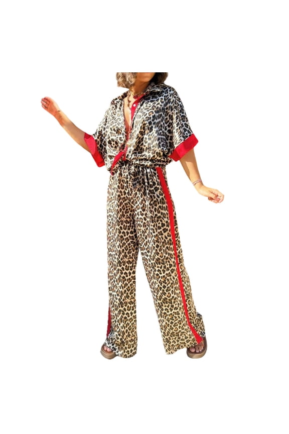 Matching Lounge Sets for Women 2 Piece Cheetah Print Loose Shirt and Wide Leg Trousers Sets Streetwear