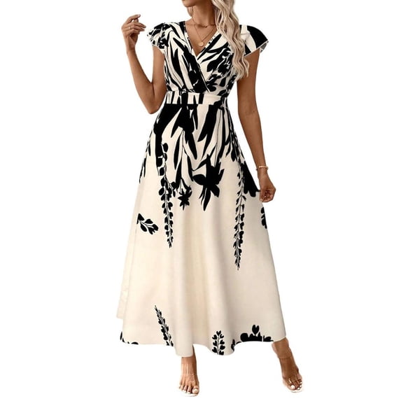 adaychics Maxi Floral Dress for Women Wrap V Neck Short Sleeve Flowy Summer Casual Long Dresses for Date Travel