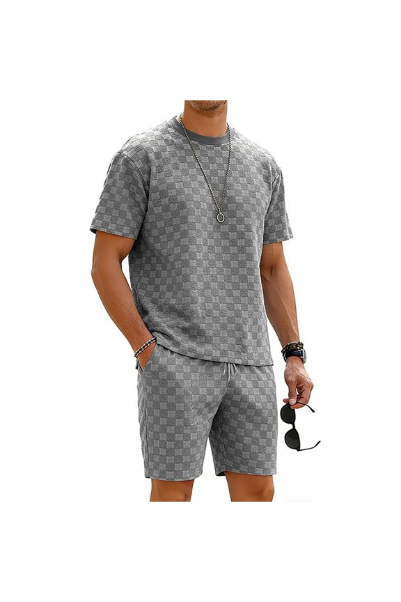 Men 2 Piece Short Set Checkered Summer Short Sleeve Textured Crewnek Tee Shirts and Shorts Set for Gym