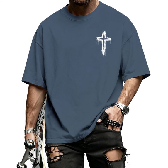 adaychics Men Christian T Shirts Cross Print Short Sleeve Round Neck Cotton Tee Shirt Loose Fit Summer Tops for Daily
