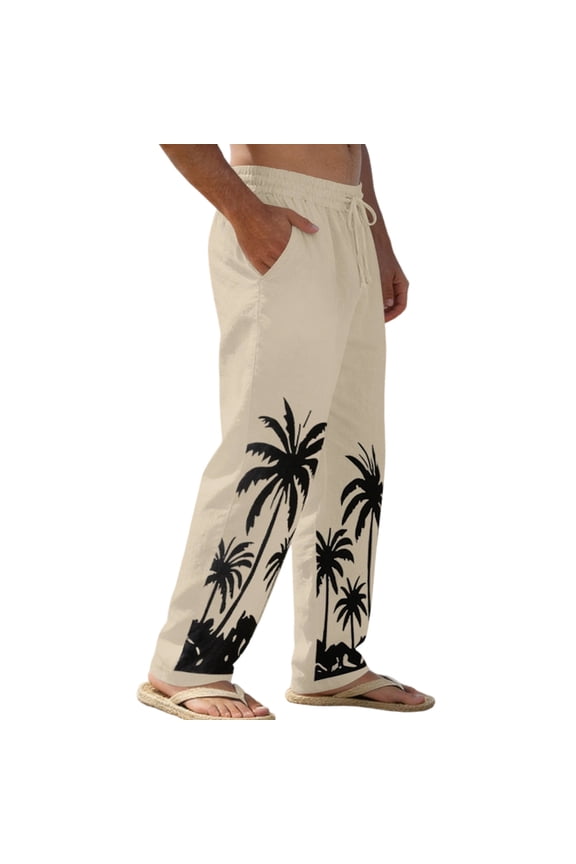 Men's Linen Pants Straight Leg Palm Tree Elastic Waist Baggy Pants Lightweight Hawaiian Trousers for Walking